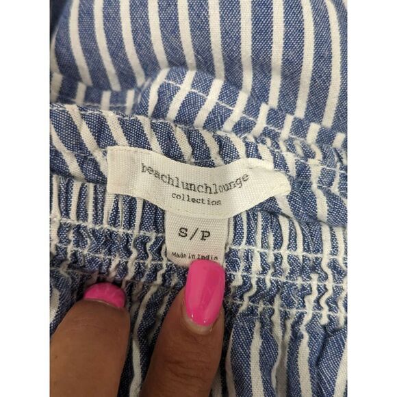 Beachlunchlounge Blue & White Striped Cotton One Shoulder Ruffle Mini Dress, SP - Picture 9 of 10